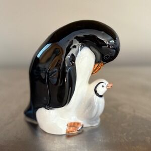 Unique Ceramic Penguin Mother and Baby Figurine Hand Painted Mexico